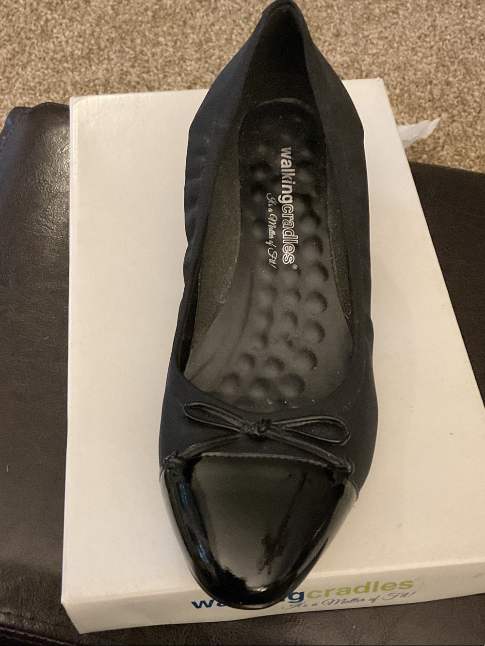Walking Cradles Black Ballet Flat with Patent Cap Toe and Bow